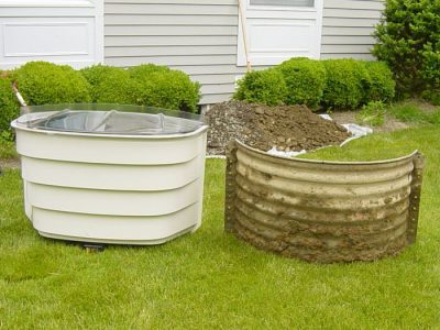 comparison of an old steel basement window well with a new vinyl basement window well in California